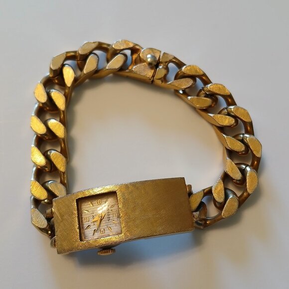Vtg Baron 17 Jewels Gold Tone Rectangular Dial Stainless Chained Bracelet Watch - Picture 1 of 12